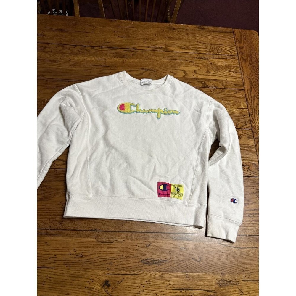 Champion White Spell Out Crewneck Sweatshirt Vintage Sz M P7